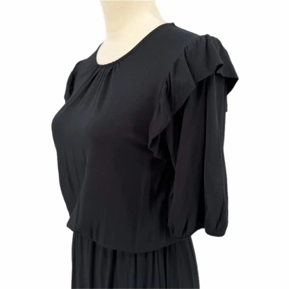 Boden 6 Black Ruffle Jersey Midi Basic Casual Minimalist Boho Office Work Dress